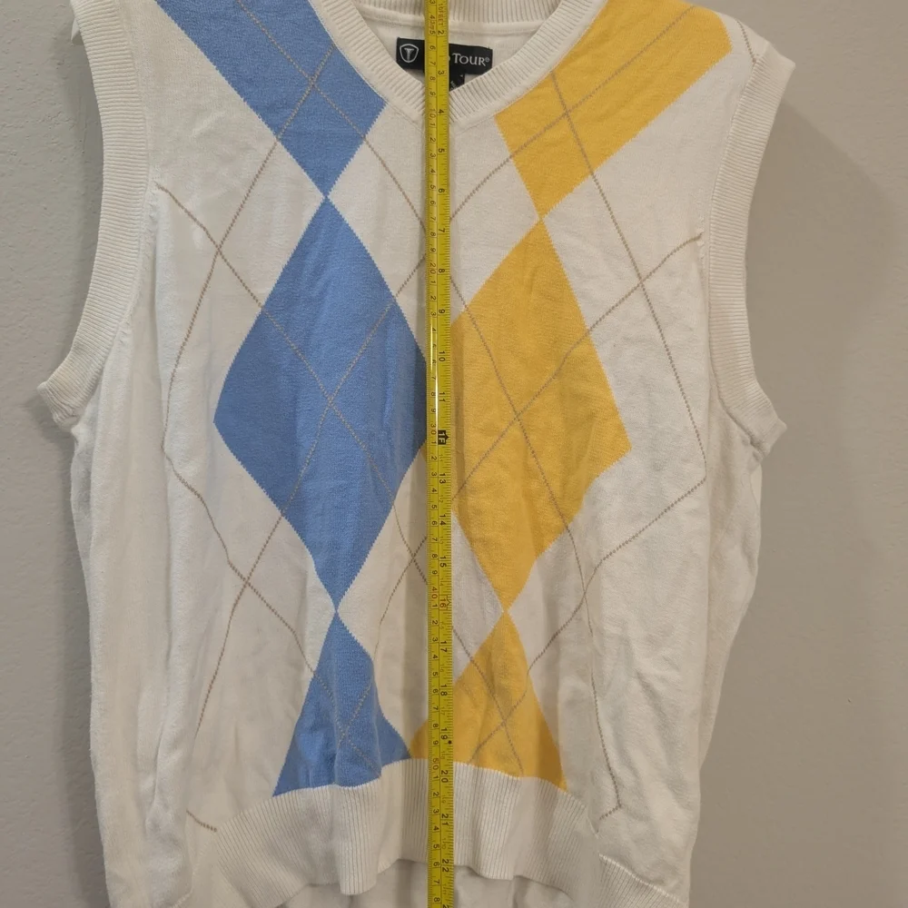 Pro Tour Argyle Sweater Vest Cream Blue Yellow Preppy Golf Layering Mens M